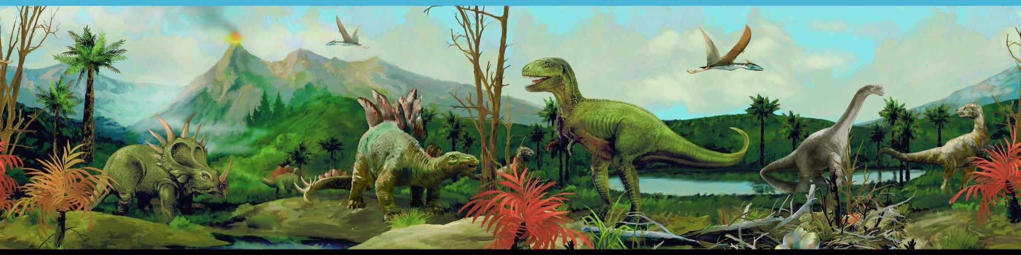 Prepasted Wallpaper Border - Kids Dinosaurs Blue, White, Green Wall Border Retro Design, Roll 15 ft X 9 in (4.57m X 22.86cm)