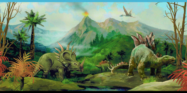 Prepasted Wallpaper Border - Kids Dinosaurs Blue, White, Green Wall Border Retro Design, Roll 15 ft X 9 in (4.57m X 22.86cm)