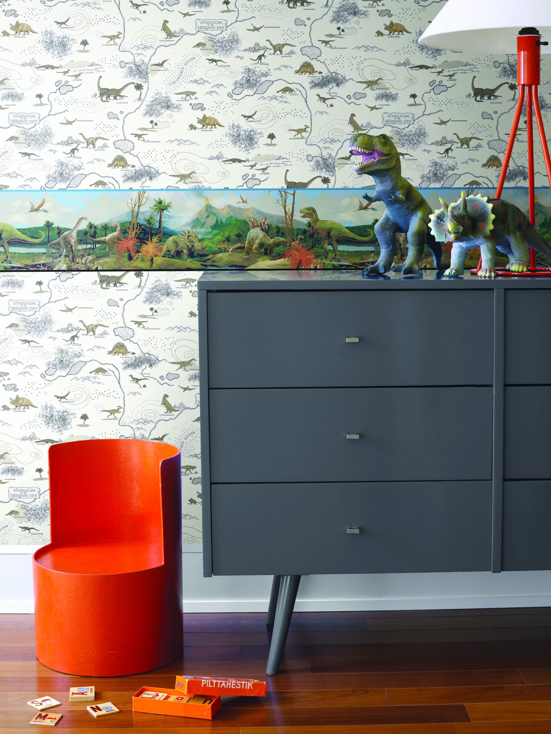 Prepasted Wallpaper Border - Kids Dinosaurs Blue, White, Green Wall Border Retro Design, Roll 15 ft X 9 in (4.57m X 22.86cm)