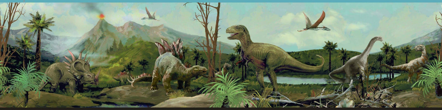 Prepasted Wallpaper Border - Kids Dinosaurs Blue, Brown, Green, Grey Wall Border Retro Design, Roll 15 ft X 9 in (4.57m X 22.86cm)