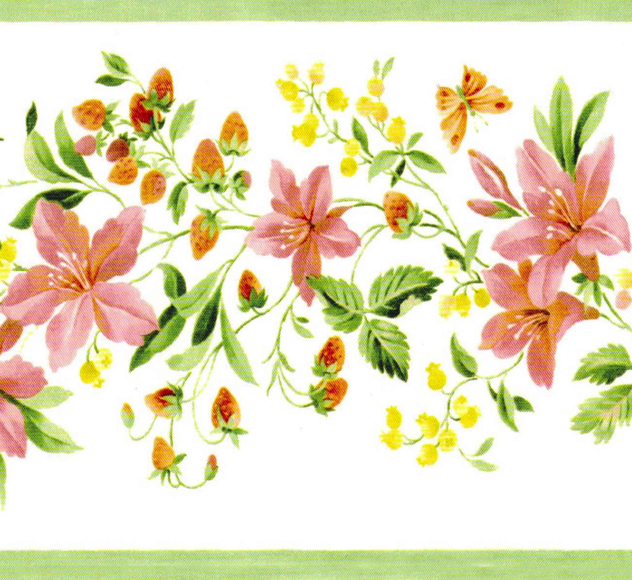 Prepasted Wallpaper Border - Floral Pink, Green, Yellow Flowers on Vine Wall Border Retro Design, 15 ft x 5.2 in (4.57m x 13.21cm)