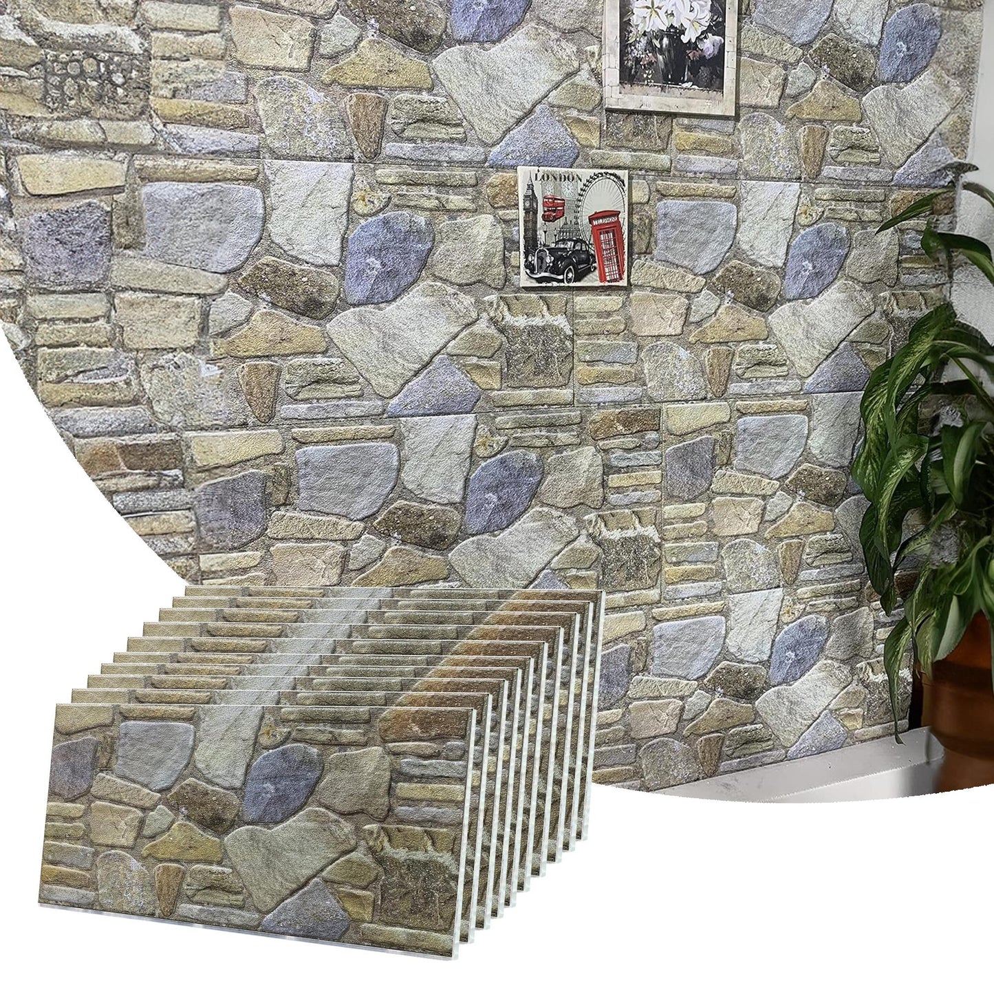 Dundee Deco 3D Wall Panels - Cladding, Blue Grey Buff Stone Look Wall Paneling, Styrofoam Facing for Interior and Exterior Applications, DIY, Set of 10, Covers 54 sq ft