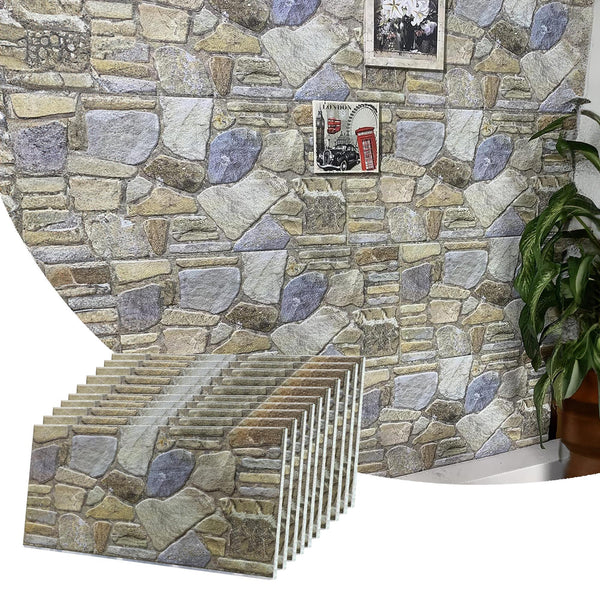 Dundee Deco 3D Wall Panels - Cladding, Blue Grey Buff Stone Look Wall Paneling, Styrofoam Facing for Interior and Exterior Applications, DIY, Set of 10, Covers 54 sq ft