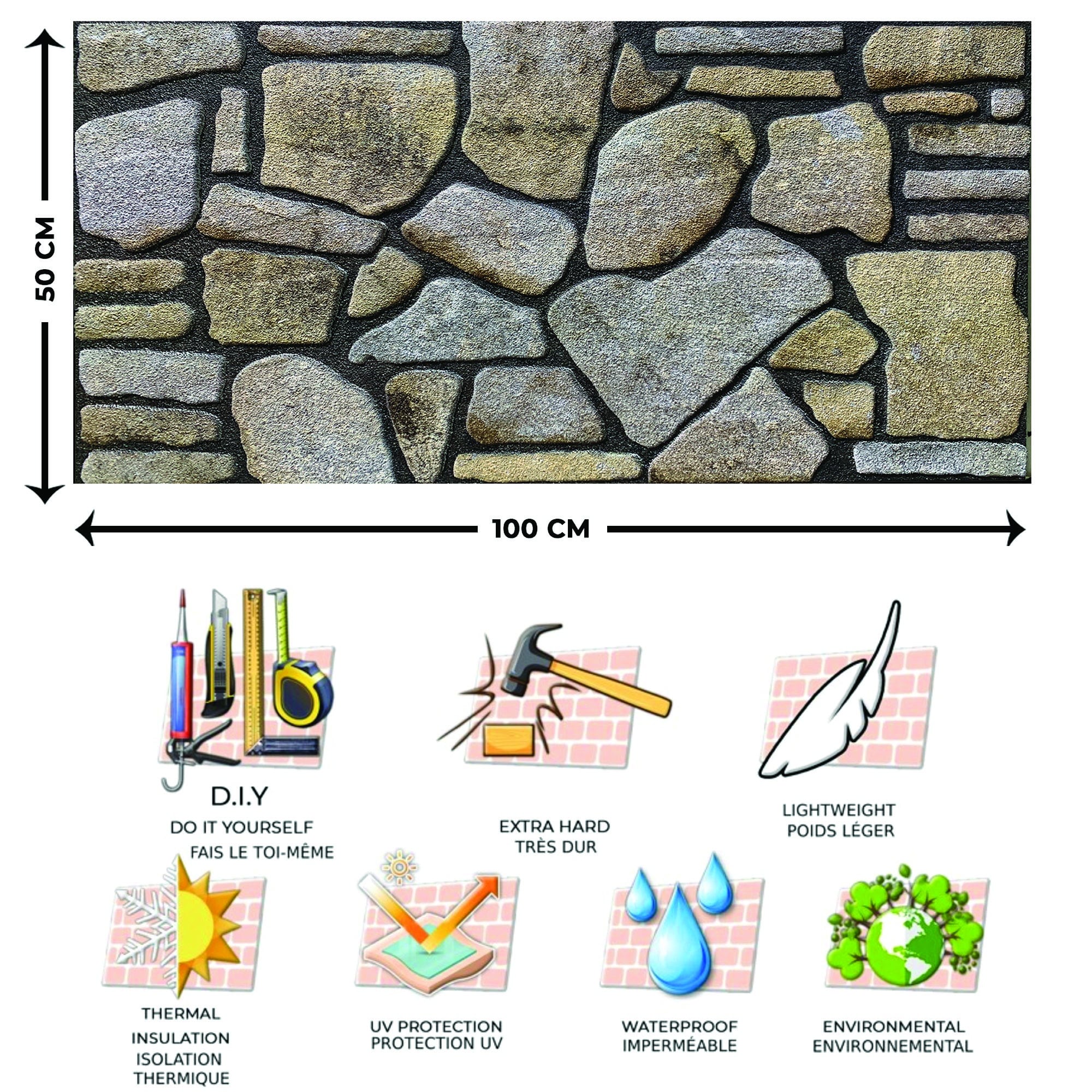 Dundee Deco 3D Wall Panels - Cladding, Ochre Brown Stone Look Wall Paneling, Styrofoam Facing for Interior and Exterior Applications, DIY, Set of 10, Covers 54 sq ft