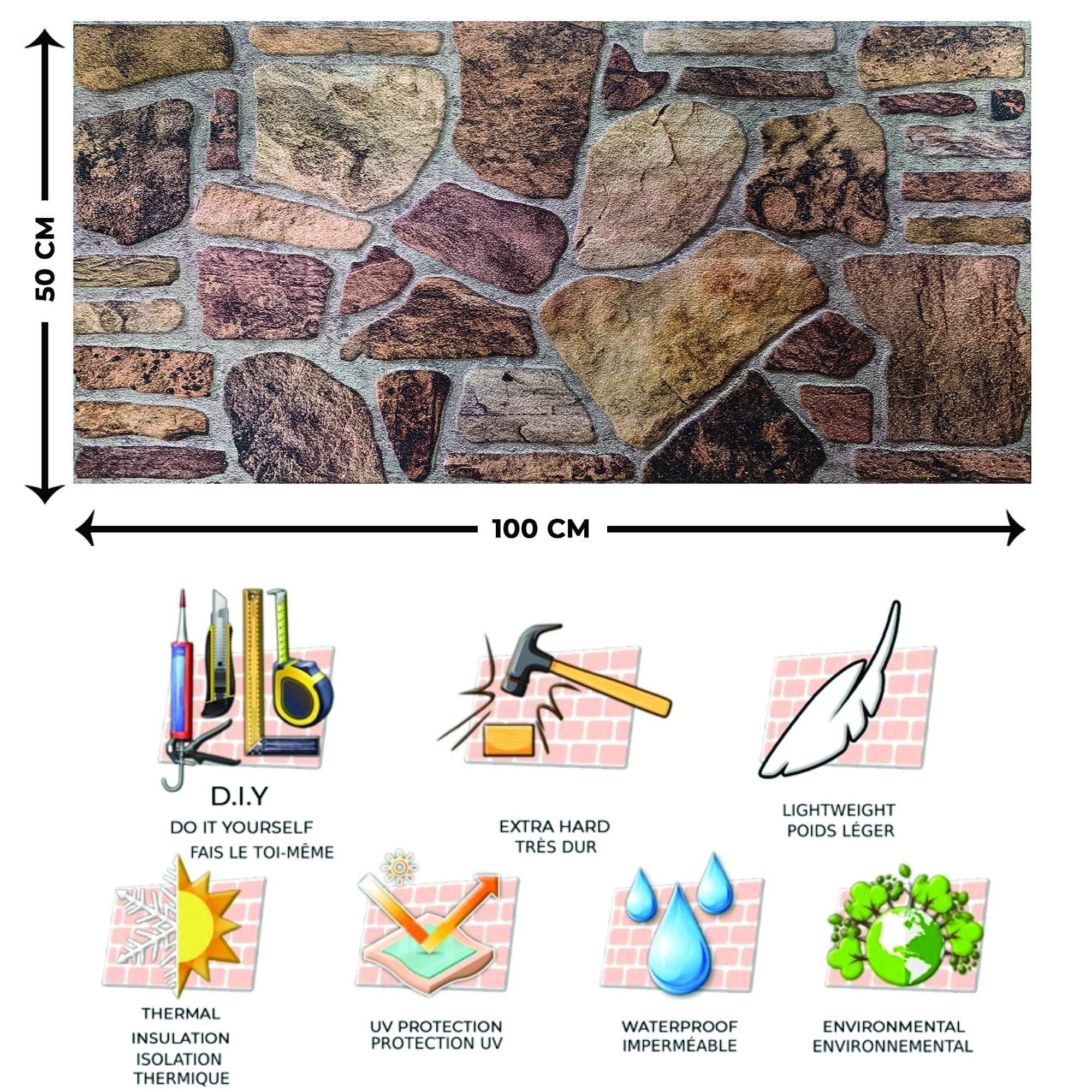 Dundee Deco 3D Wall Panels - Cladding, Shades of Brown Grey Stone Look Wall Paneling, Styrofoam Facing for Interior and Exterior, DIY, Set of 10, Covers 54 sq ft