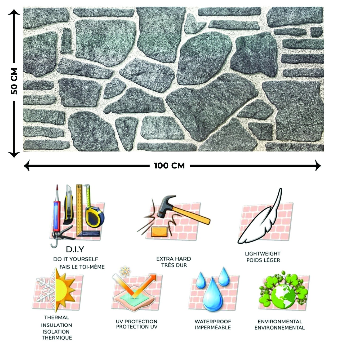 Dundee Deco 3D Wall Panels - Cladding, Bluish Grey White Stone Look Wall Paneling, Styrofoam Facing for Interior and Exterior Applications, DIY, Set of 10, Covers 54 sq ft