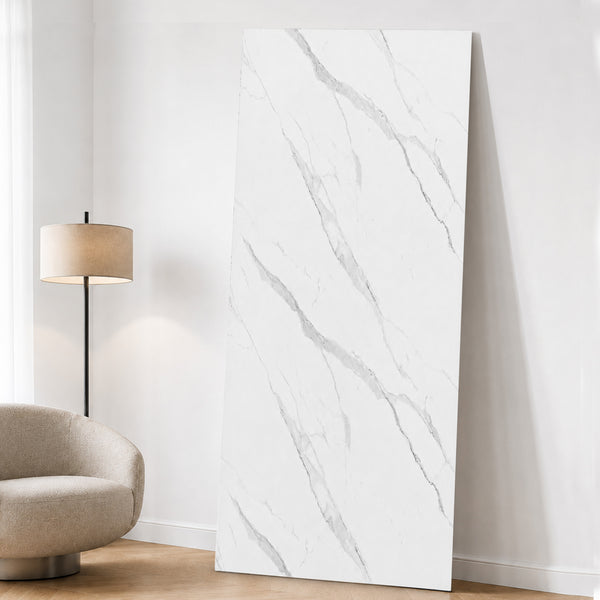 UV Marble Full Size Wall Panels 4ft x 9ft, High Gloss Panels - Backsplash, Bathroom, Accent Walls - Off-White, Grey Veins