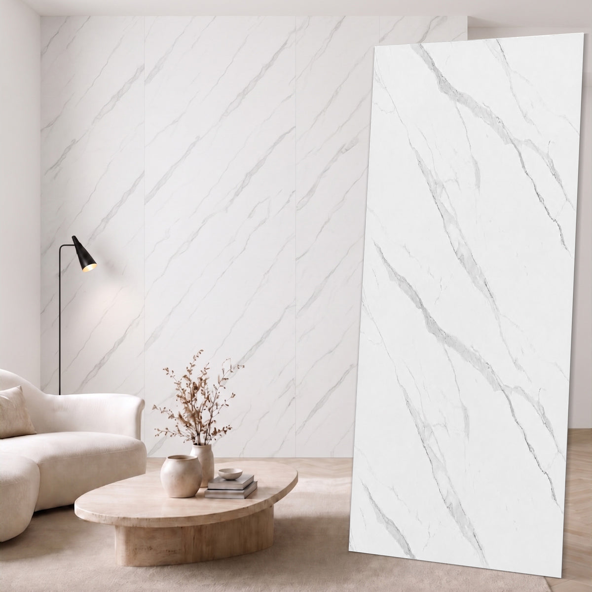UV Marble Full Size Wall Panels 4ft x 9ft, High Gloss Panels - Backsplash, Bathroom, Accent Walls - Off-White, Grey Veins