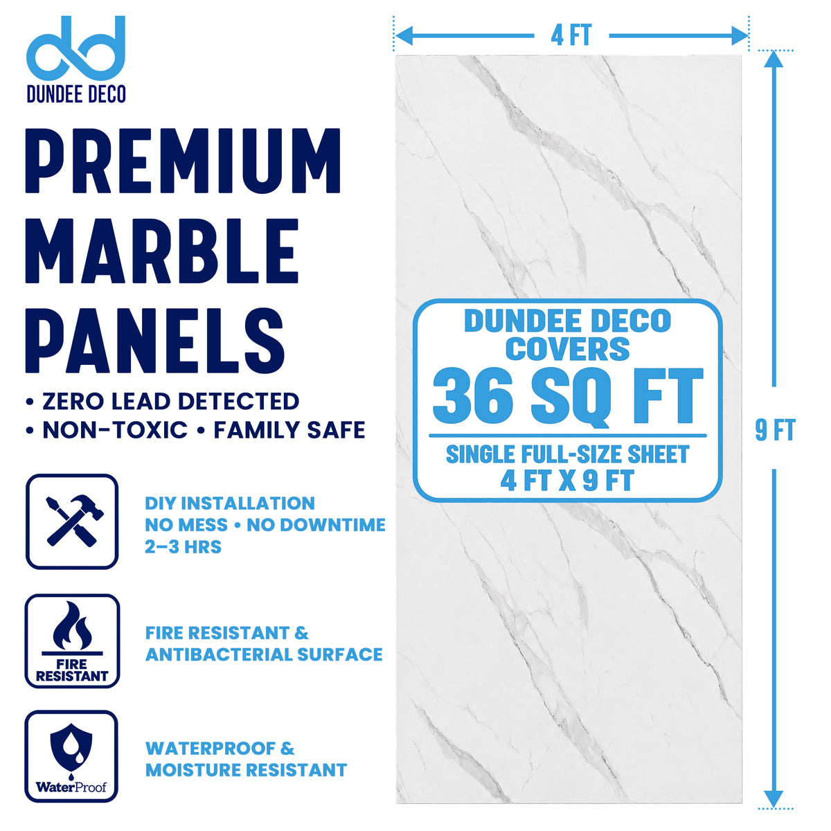 UV Marble Full Size Wall Panels 4ft x 9ft, High Gloss Panels - Backsplash, Bathroom, Accent Walls - Off-White, Grey Veins
