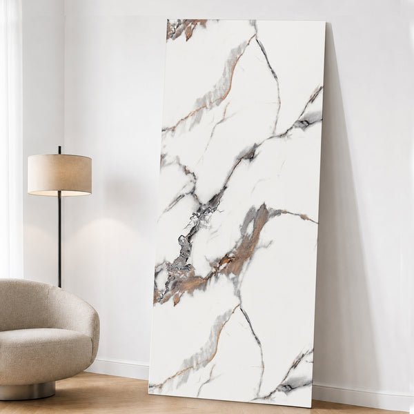 UV Marble Full Size Wall Panels 4ft x 9ft, High Gloss Panels - Backsplash, Bathroom, Accent Walls - White, Black and Gold Veins