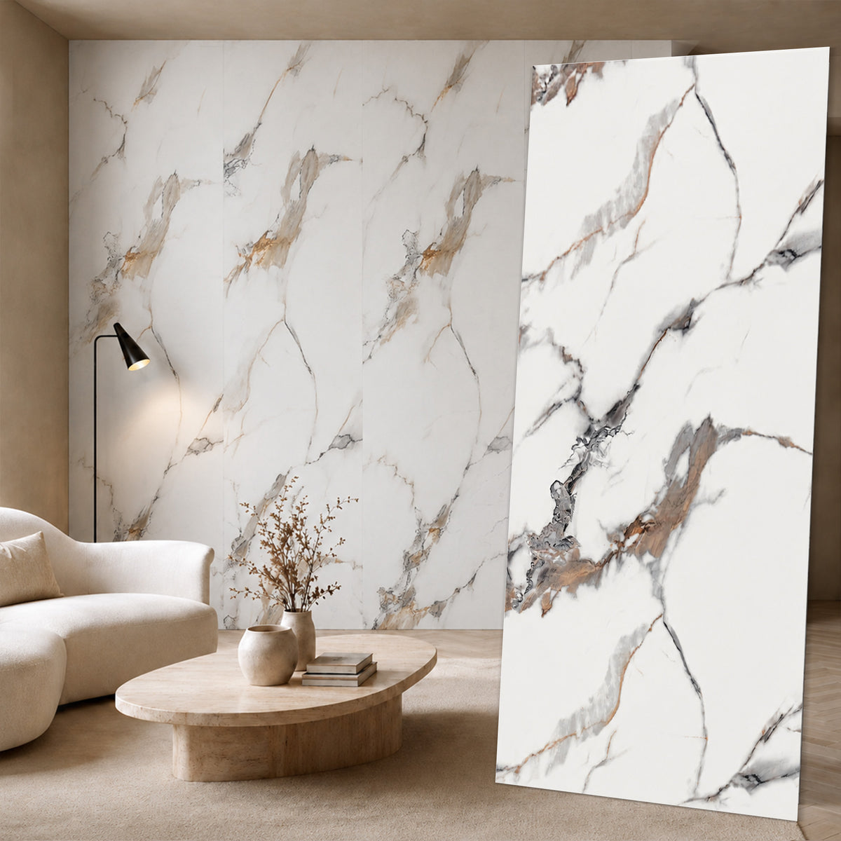 UV Marble Full Size Wall Panels 4ft x 9ft, High Gloss Panels - Backsplash, Bathroom, Accent Walls - White, Black and Gold Veins
