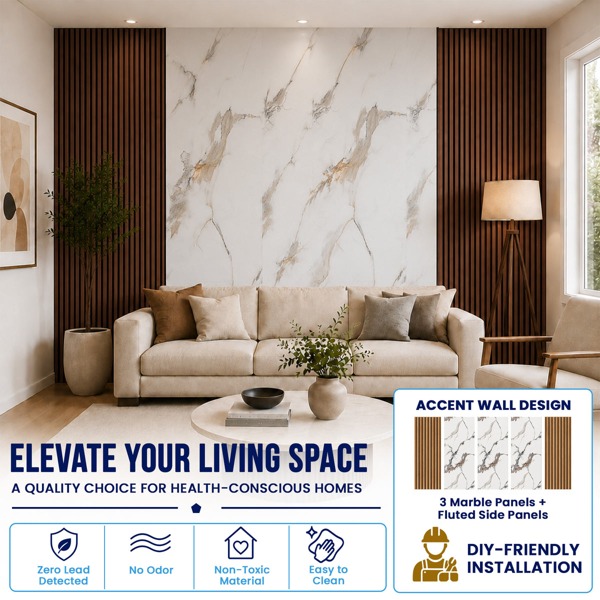 UV Marble Full Size Wall Panels 4ft x 9ft, High Gloss Panels - Backsplash, Bathroom, Accent Walls - White, Black and Gold Veins