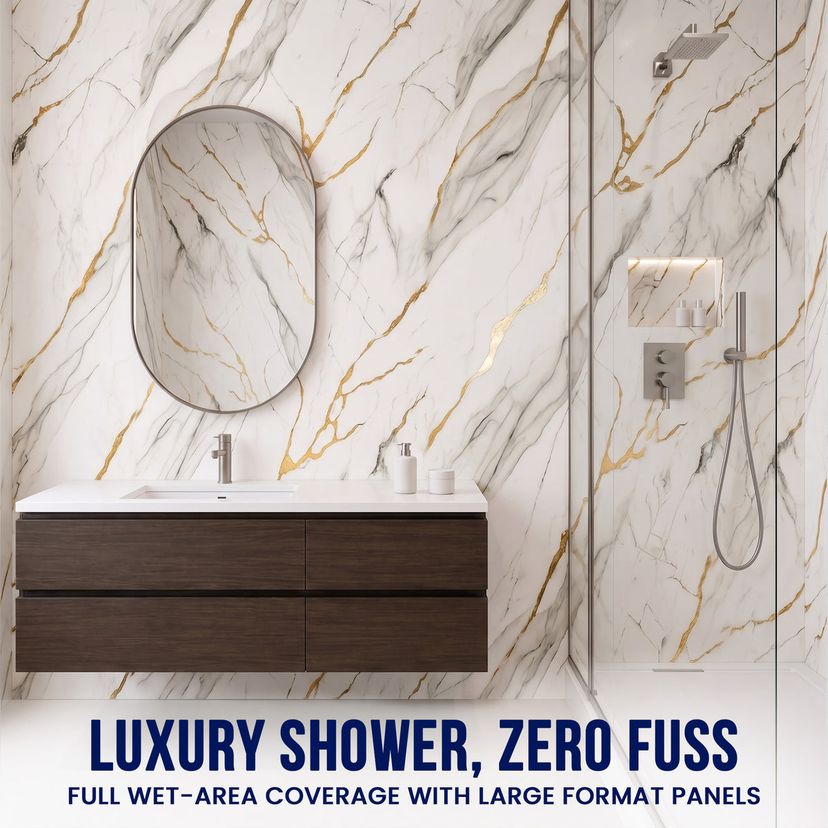 UV Marble Full Size Wall Panels 4ft x 9ft, High Gloss Panels - Backsplash, Bathroom, Accent Walls - White, Grey, Gold Veins