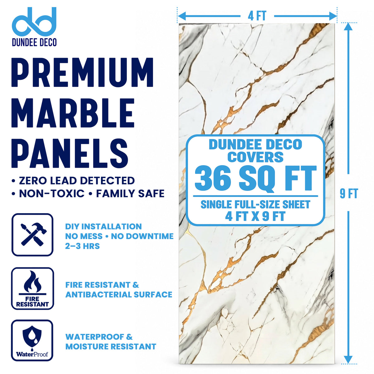 UV Marble Full Size Wall Panels 4ft x 9ft, High Gloss Panels - Backsplash, Bathroom, Accent Walls - White, Grey, Gold Veins