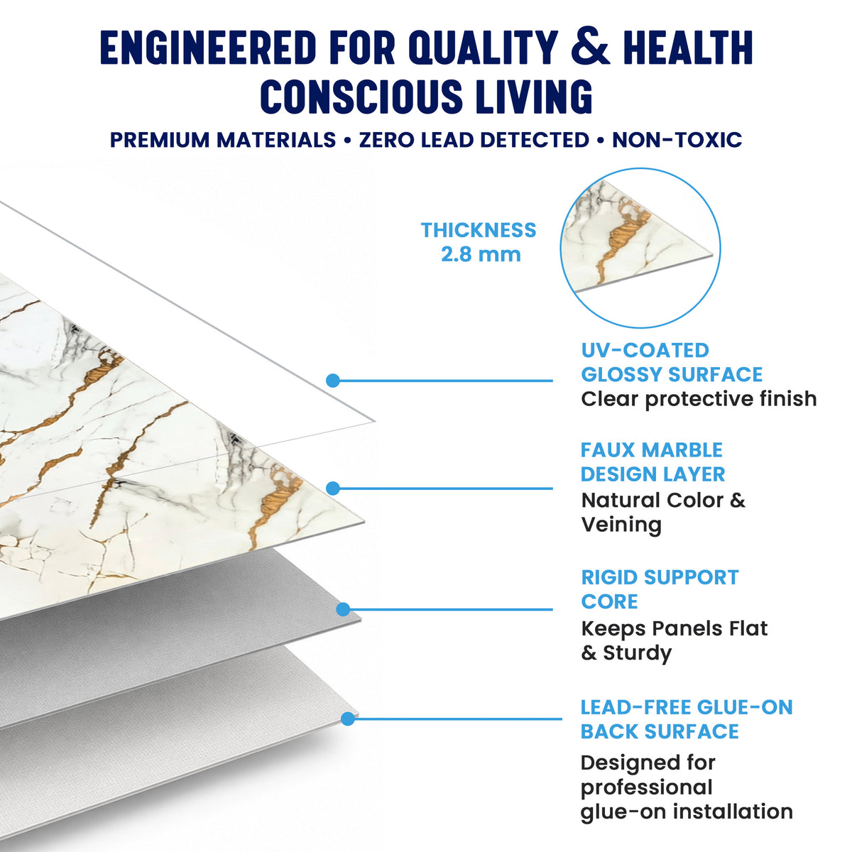 UV Marble Full Size Wall Panels 4ft x 9ft, High Gloss Panels - Backsplash, Bathroom, Accent Walls - White, Grey, Gold Veins