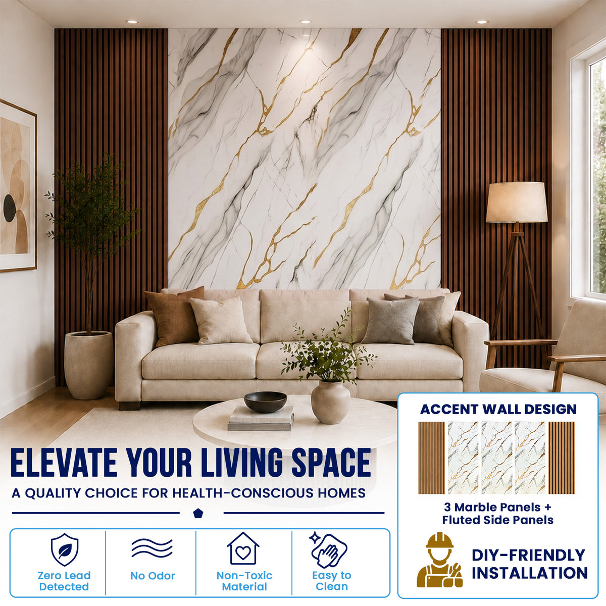 UV Marble Full Size Wall Panels 4ft x 9ft, High Gloss Panels - Backsplash, Bathroom, Accent Walls - White, Grey, Gold Veins