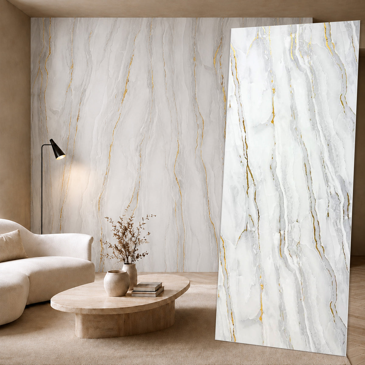 UV Marble Full Size Wall Panels 4ft x 9ft, High Gloss Panels - Backsplash, Bathroom, Accent Walls - Grey, Gold Veins
