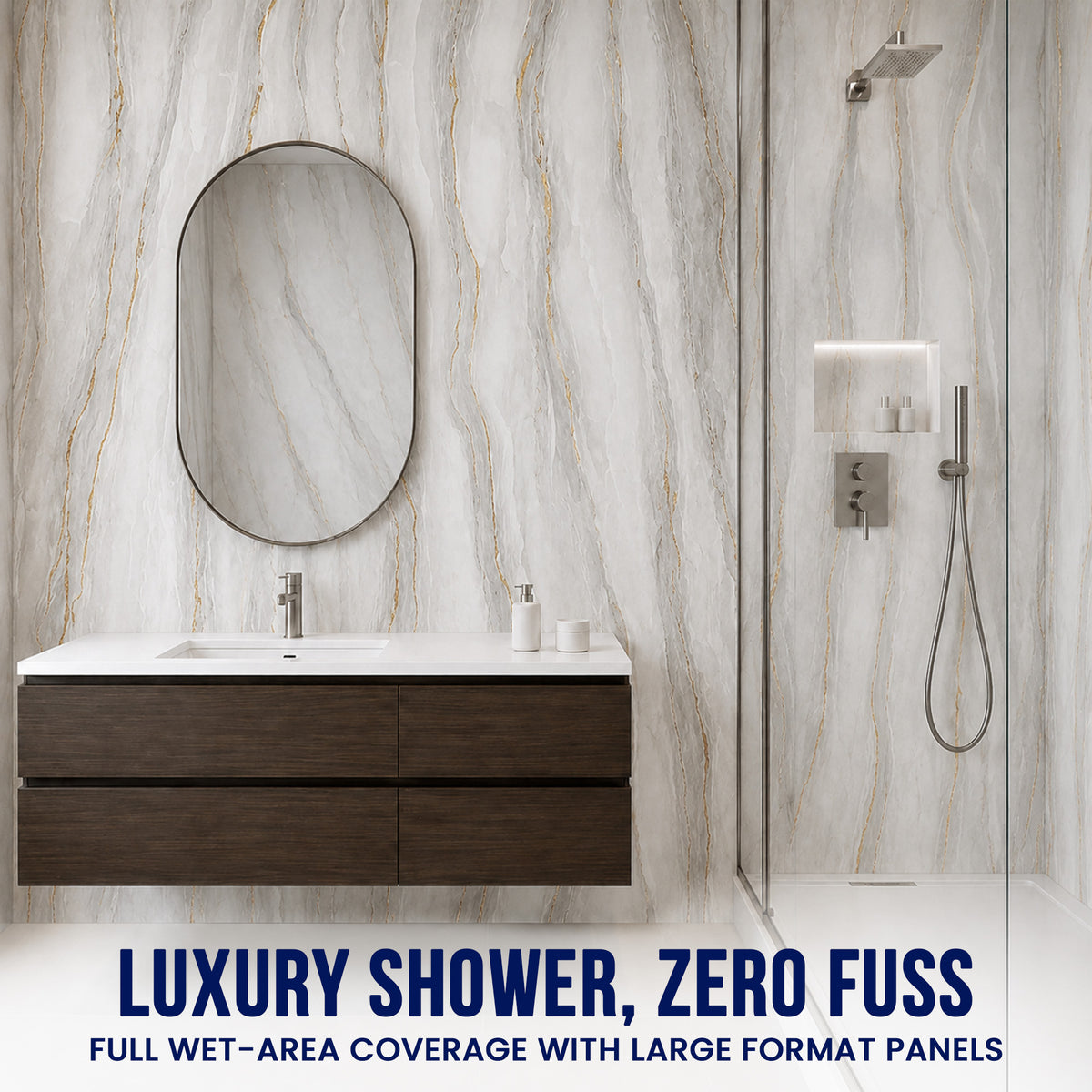 UV Marble Full Size Wall Panels 4ft x 9ft, High Gloss Panels - Backsplash, Bathroom, Accent Walls - Grey, Gold Veins
