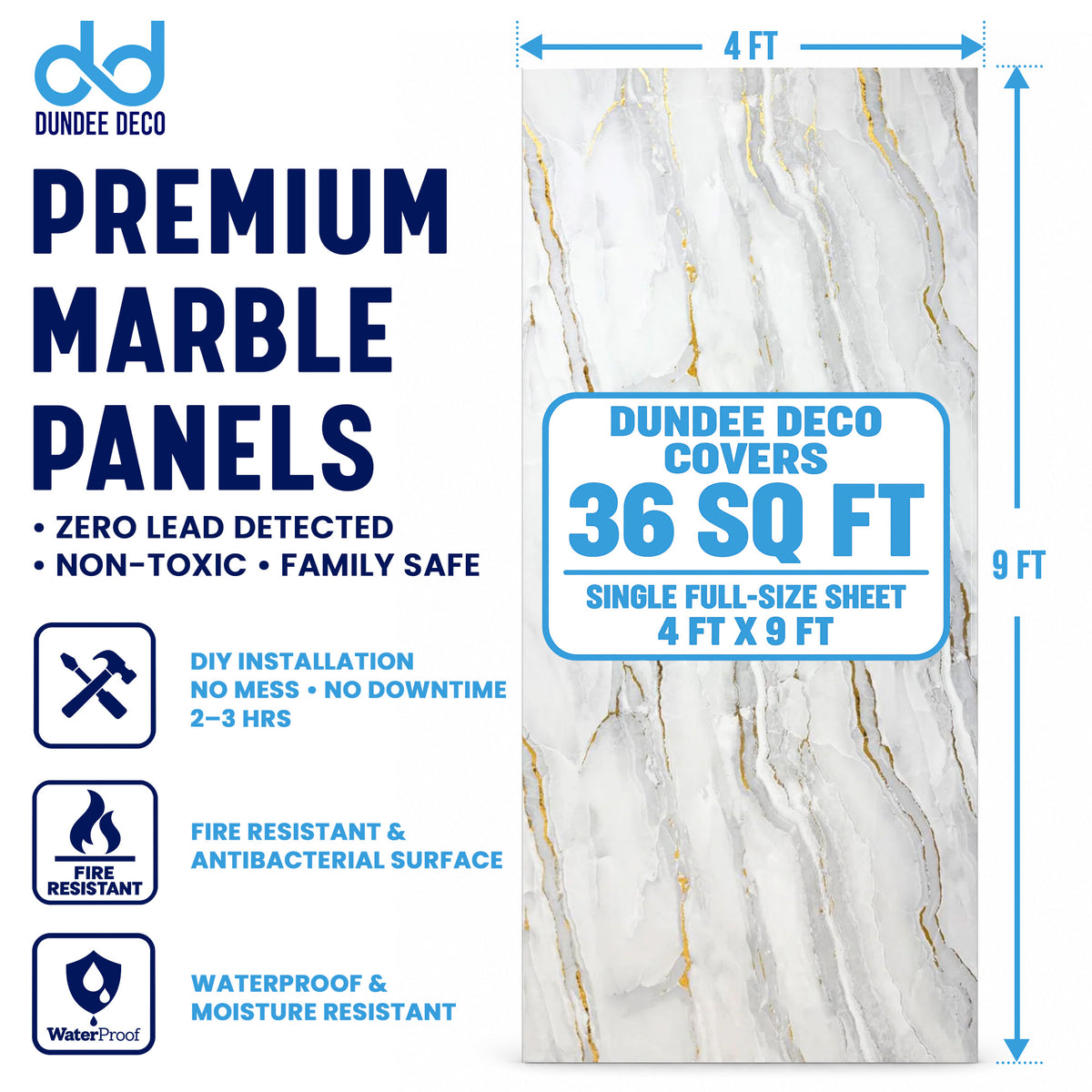 UV Marble Full Size Wall Panels 4ft x 9ft, High Gloss Panels - Backsplash, Bathroom, Accent Walls - Grey, Gold Veins