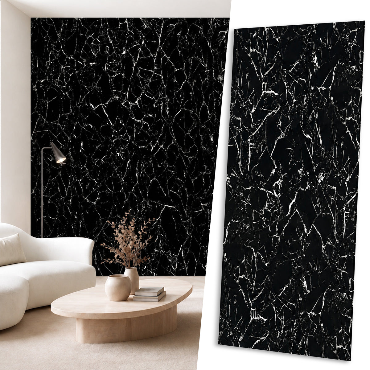 UV Marble Full Size Wall Panels 4ft x 9ft, High Gloss Panels - Backsplash, Bathroom, Accent Walls - Black, White Veins