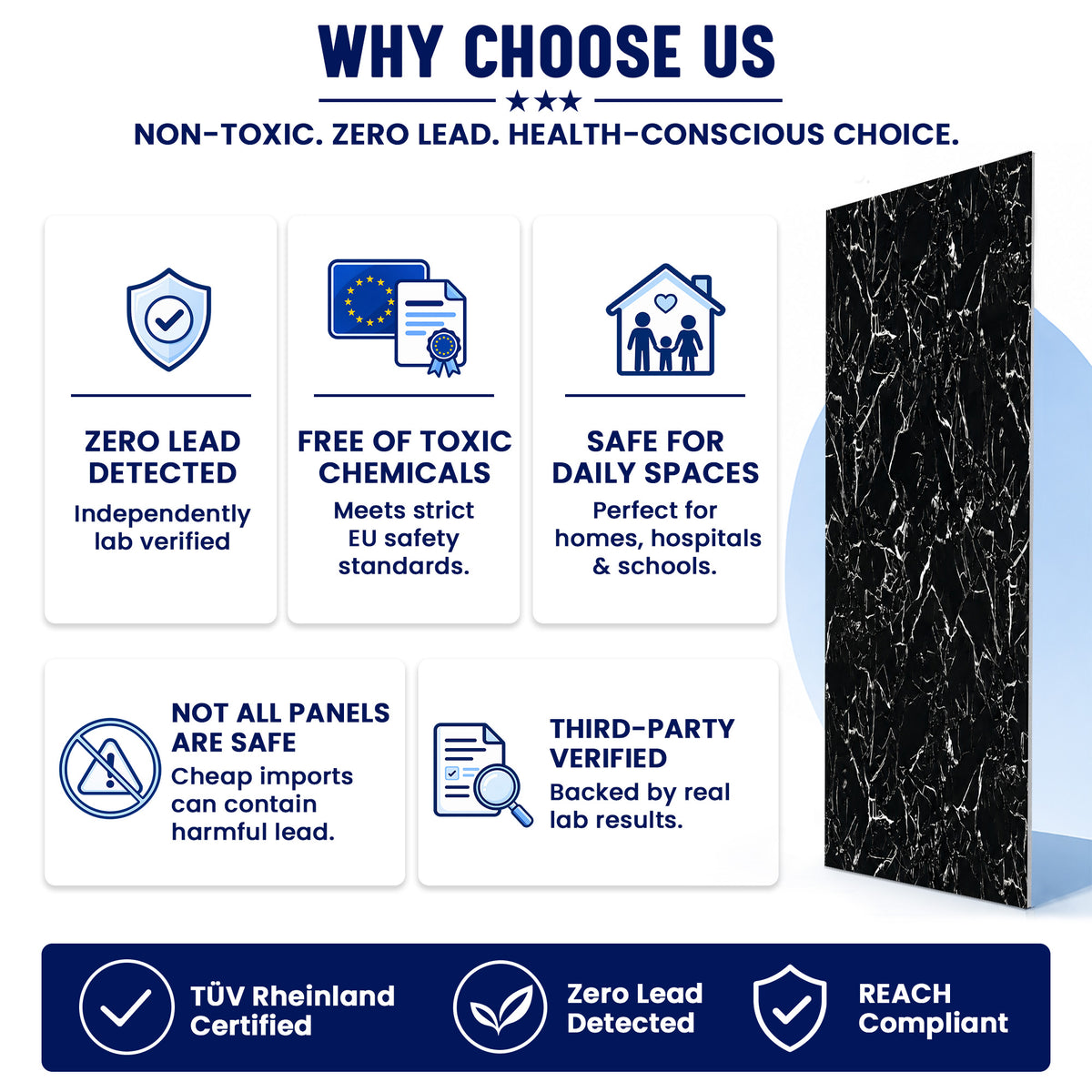 UV Marble Full Size Wall Panels 4ft x 9ft, High Gloss Panels - Backsplash, Bathroom, Accent Walls - Black, White Veins
