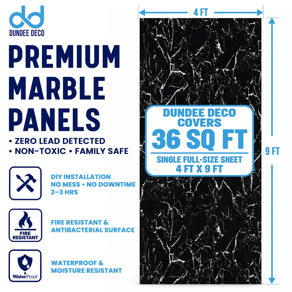UV Marble Full Size Wall Panels 4ft x 9ft, High Gloss Panels - Backsplash, Bathroom, Accent Walls - Black, White Veins