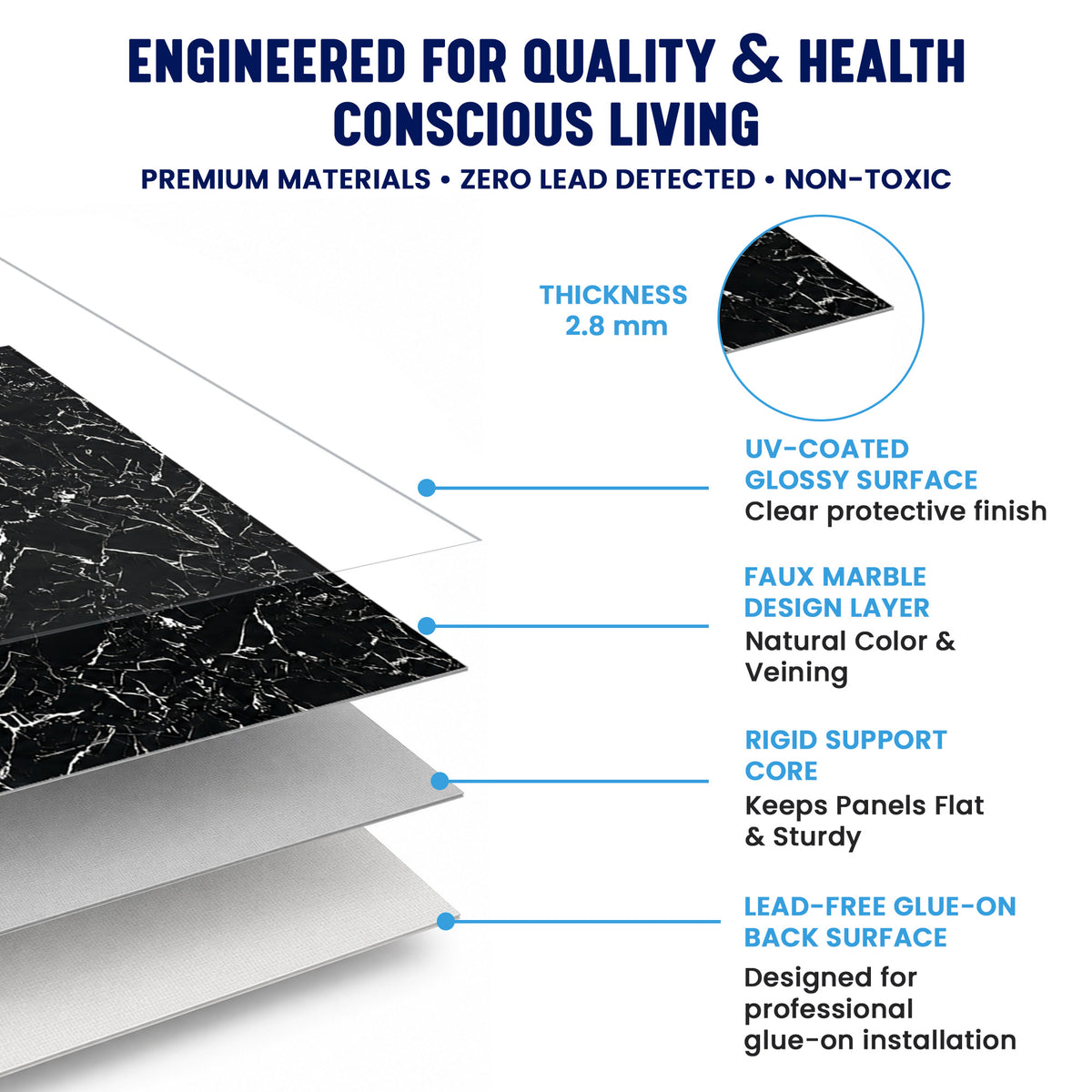 UV Marble Full Size Wall Panels 4ft x 9ft, High Gloss Panels - Backsplash, Bathroom, Accent Walls - Black, White Veins