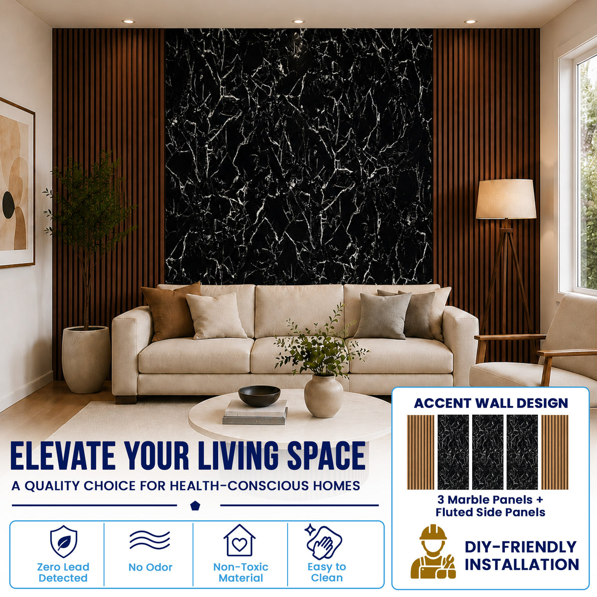 UV Marble Full Size Wall Panels 4ft x 9ft, High Gloss Panels - Backsplash, Bathroom, Accent Walls - Black, White Veins