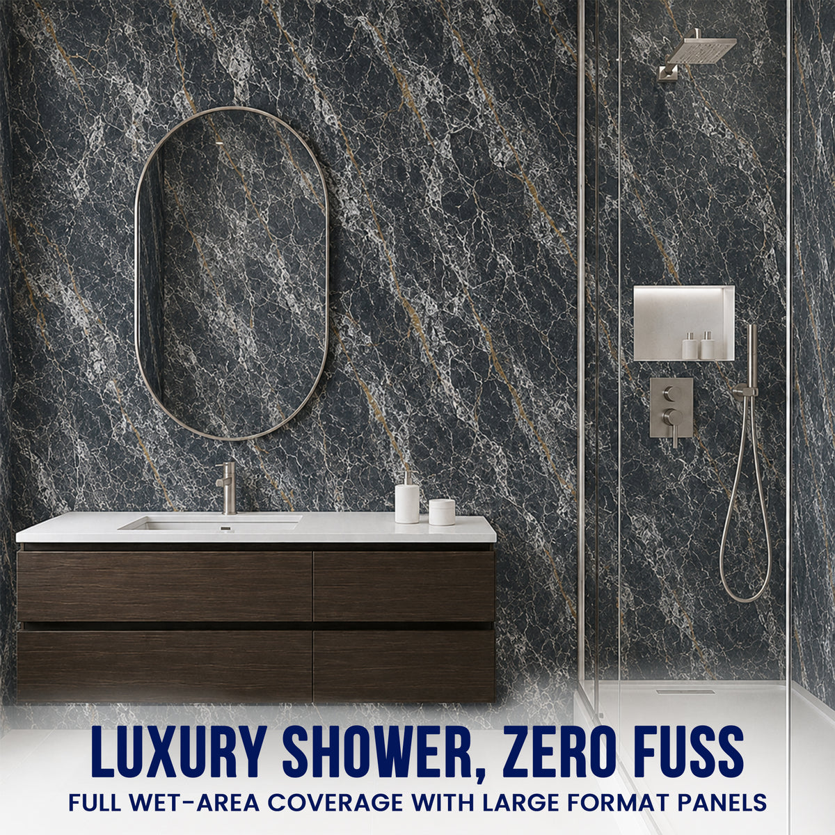 UV Marble Full Size Wall Panels 4ft x 9ft, High Gloss Panels - Backsplash, Bathroom, Accent Walls - Black, White, Gold Veins