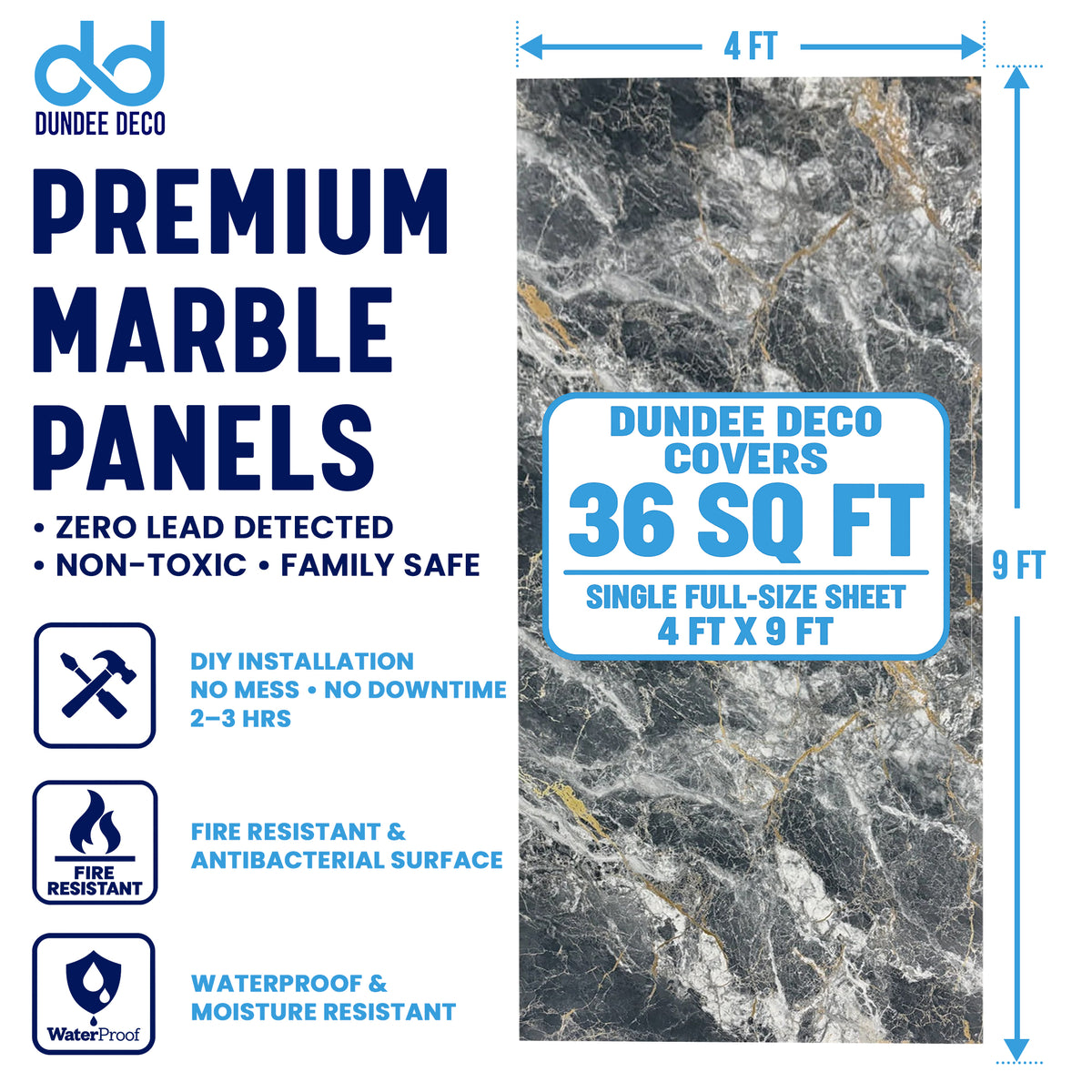 UV Marble Full Size Wall Panels 4ft x 9ft, High Gloss Panels - Backsplash, Bathroom, Accent Walls - Black, White, Gold Veins