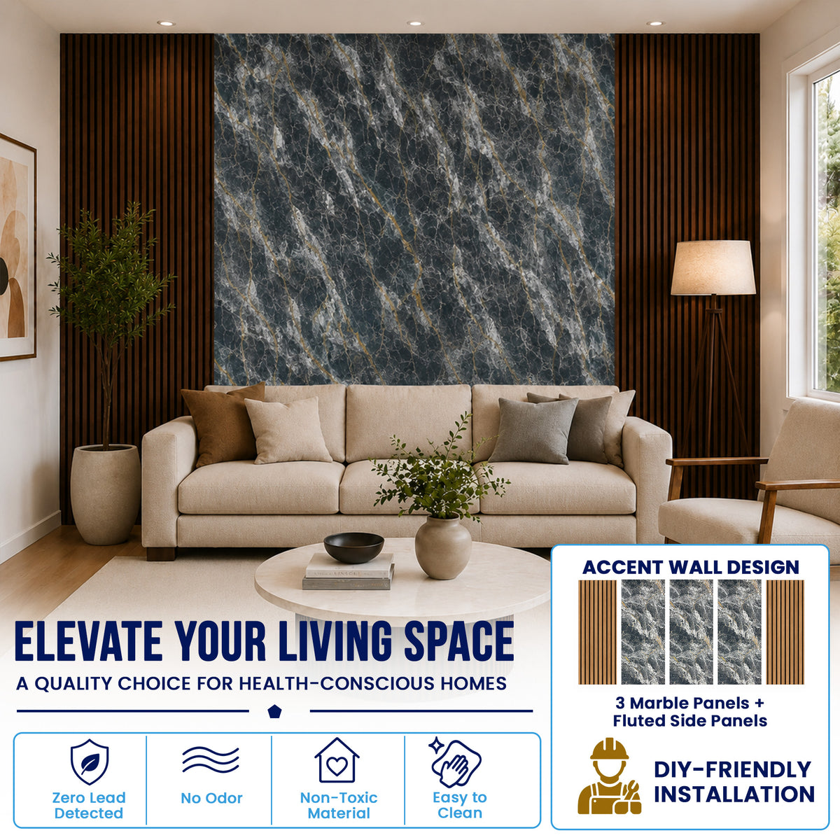 UV Marble Full Size Wall Panels 4ft x 9ft, High Gloss Panels - Backsplash, Bathroom, Accent Walls - Black, White, Gold Veins