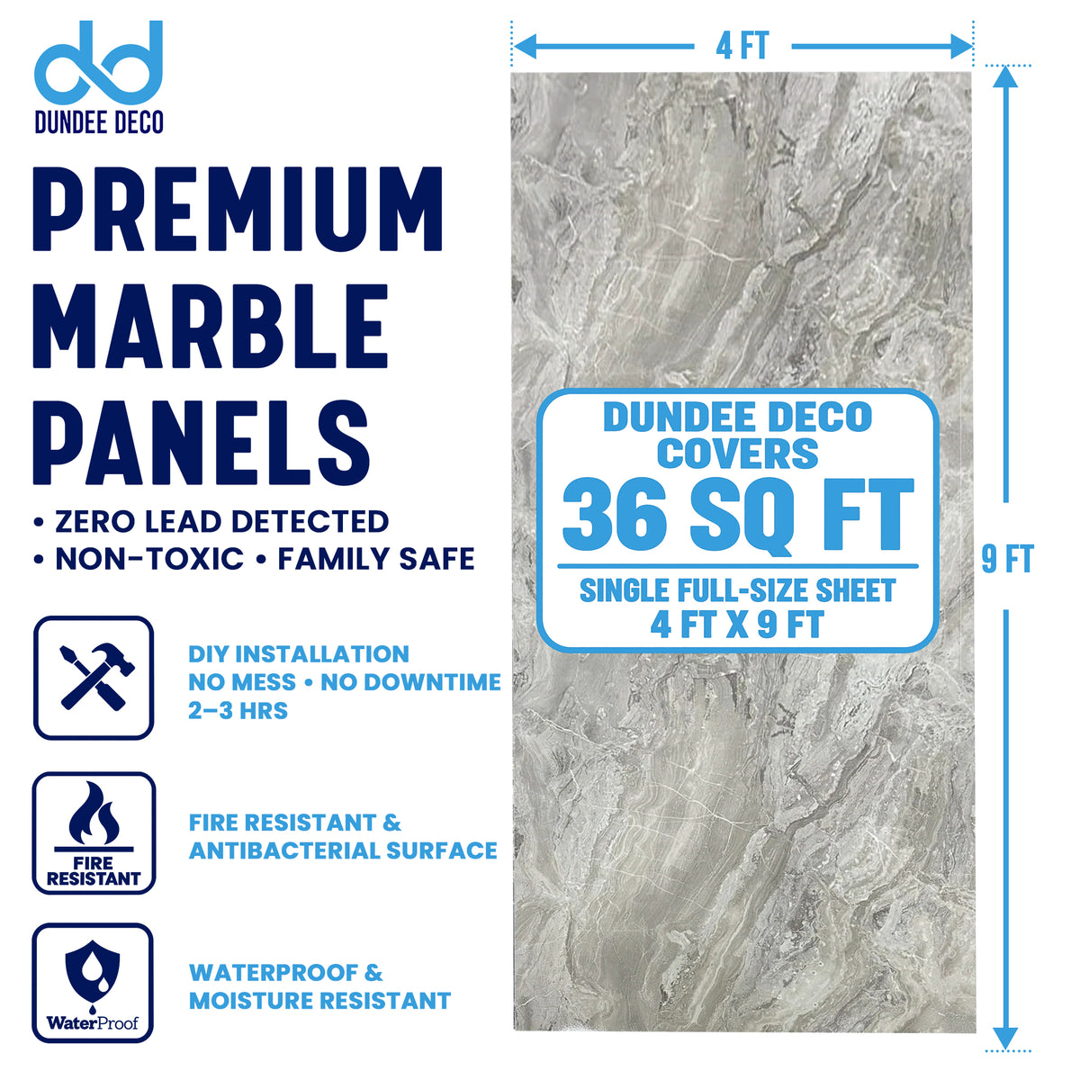 UV Marble Full Size Wall Panels 4ft x 9ft, High Gloss Panels - Backsplash, Bathroom, Accent Walls - Grey, Dark Veins