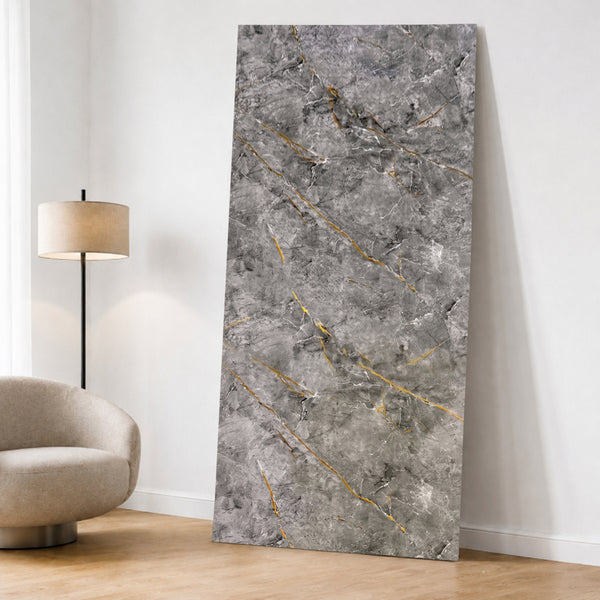 UV Marble Full Size Wall Panels 4ft x 9ft, High Gloss Panels - Backsplash, Bathroom, Accent Walls - Grey, Gold Veins