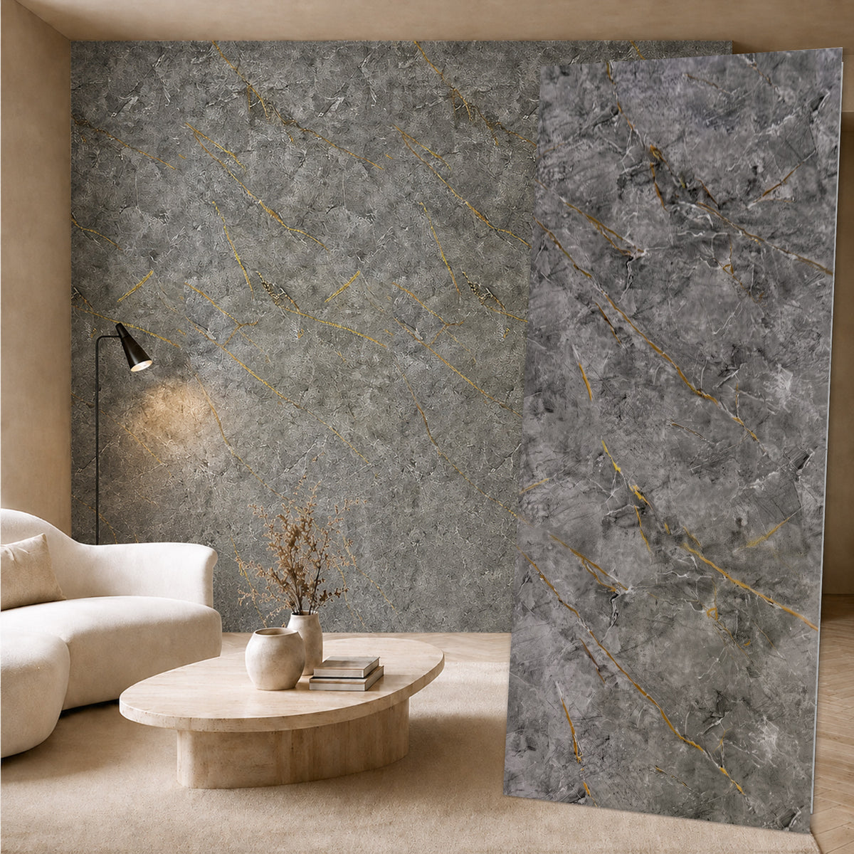 UV Marble Full Size Wall Panels 4ft x 9ft, High Gloss Panels - Backsplash, Bathroom, Accent Walls - Grey, Gold Veins