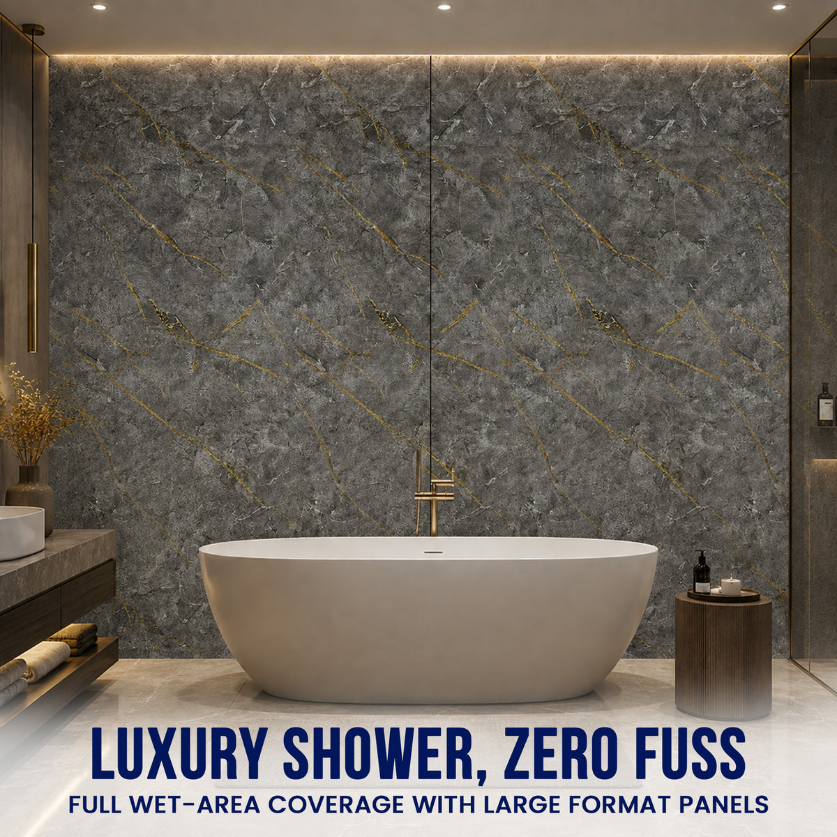 UV Marble Full Size Wall Panels 4ft x 9ft, High Gloss Panels - Backsplash, Bathroom, Accent Walls - Grey, Gold Veins
