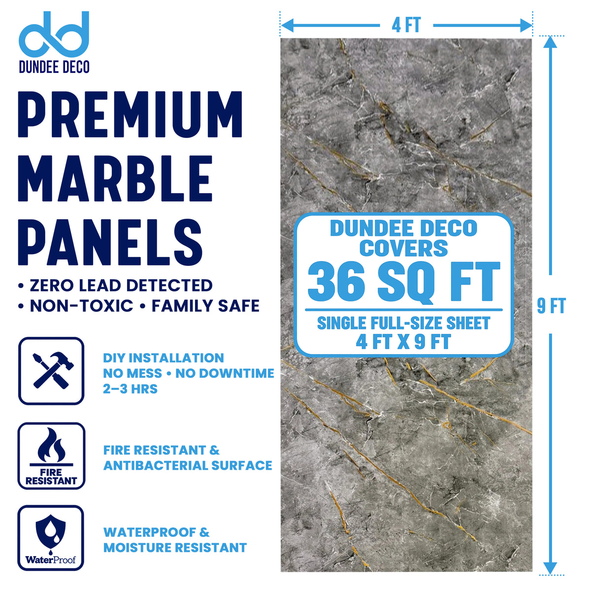 UV Marble Full Size Wall Panels 4ft x 9ft, High Gloss Panels - Backsplash, Bathroom, Accent Walls - Grey, Gold Veins