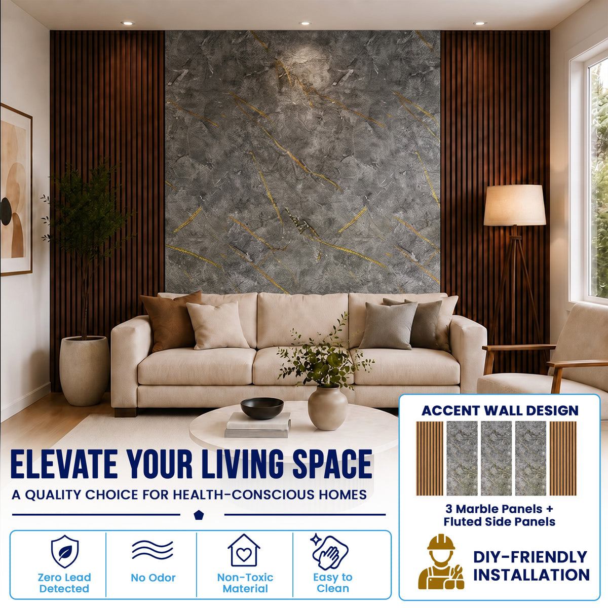 UV Marble Full Size Wall Panels 4ft x 9ft, High Gloss Panels - Backsplash, Bathroom, Accent Walls - Grey, Gold Veins