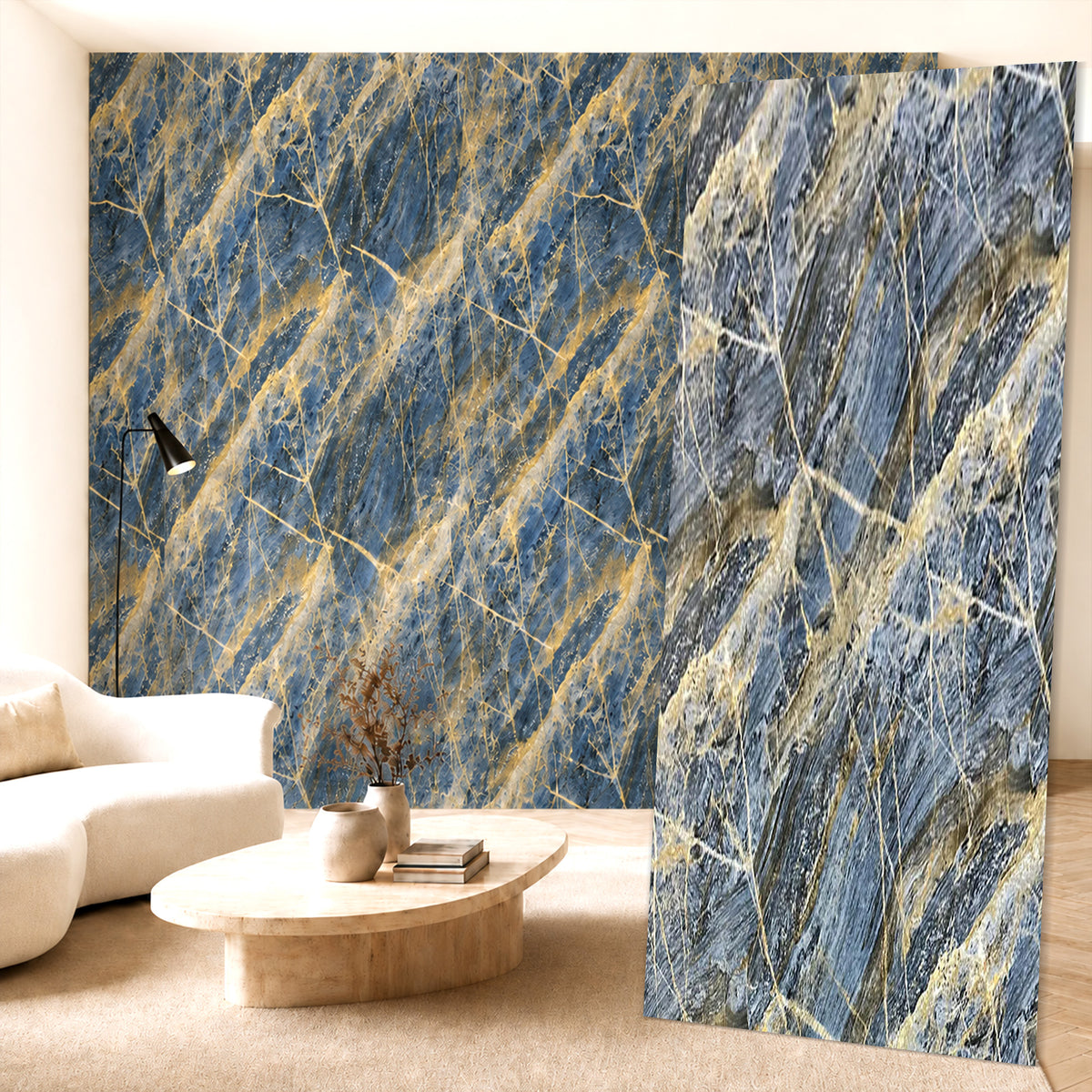 UV Marble Full Size Wall Panels 4ft x 9ft, High Gloss Panels - Backsplash, Bathroom, Accent Walls - Blue, Gold Veins