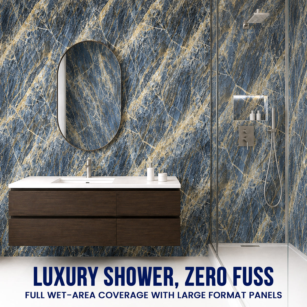 UV Marble Full Size Wall Panels 4ft x 9ft, High Gloss Panels - Backsplash, Bathroom, Accent Walls - Blue, Gold Veins