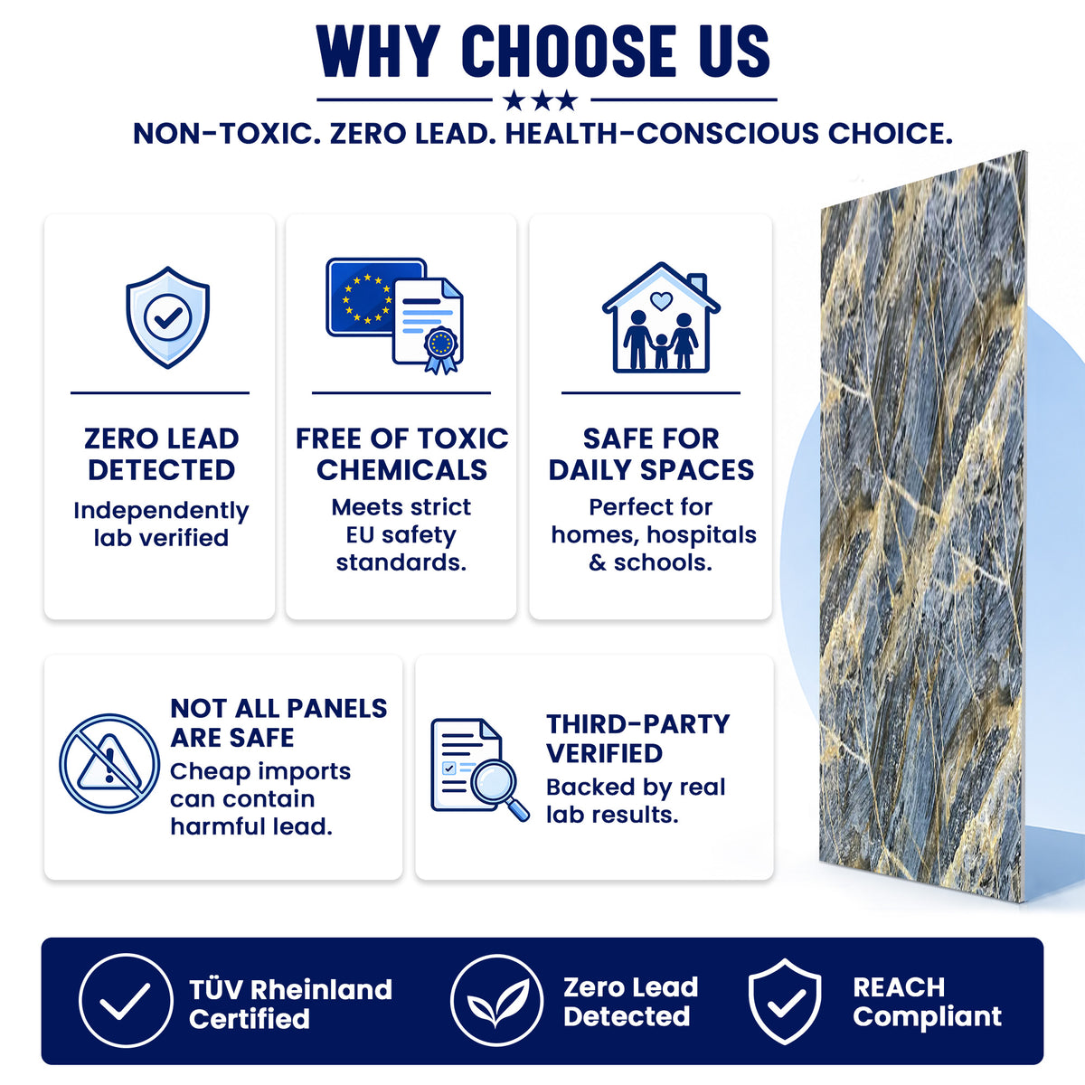 UV Marble Full Size Wall Panels 4ft x 9ft, High Gloss Panels - Backsplash, Bathroom, Accent Walls - Blue, Gold Veins