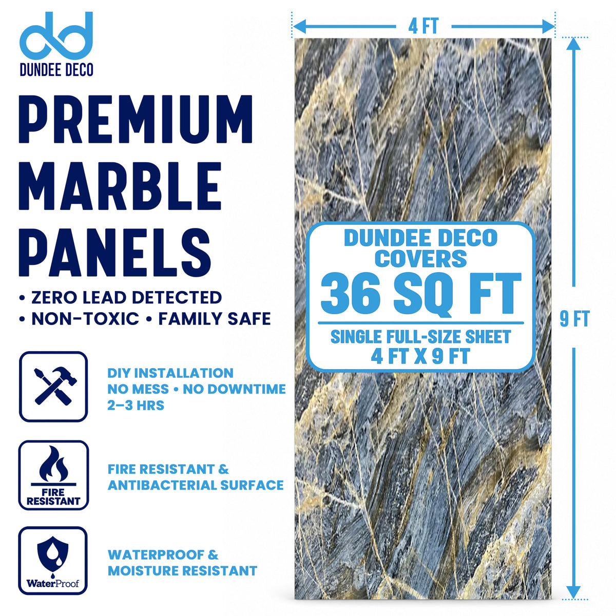 UV Marble Full Size Wall Panels 4ft x 9ft, High Gloss Panels - Backsplash, Bathroom, Accent Walls - Blue, Gold Veins