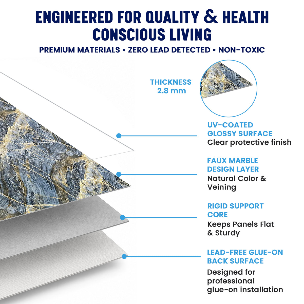 UV Marble Full Size Wall Panels 4ft x 9ft, High Gloss Panels - Backsplash, Bathroom, Accent Walls - Blue, Gold Veins