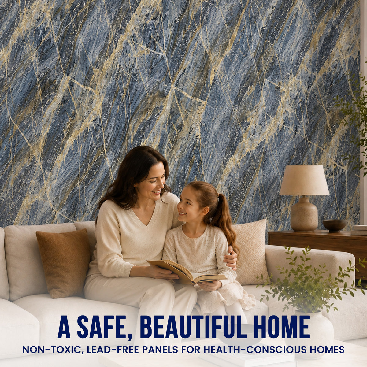 UV Marble Full Size Wall Panels 4ft x 9ft, High Gloss Panels - Backsplash, Bathroom, Accent Walls - Blue, Gold Veins