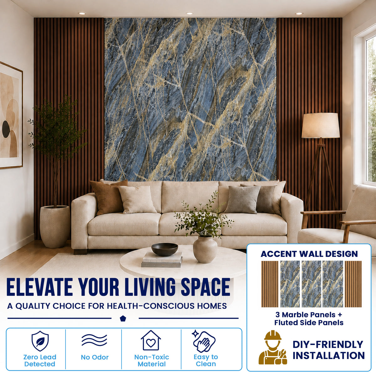 UV Marble Full Size Wall Panels 4ft x 9ft, High Gloss Panels - Backsplash, Bathroom, Accent Walls - Blue, Gold Veins