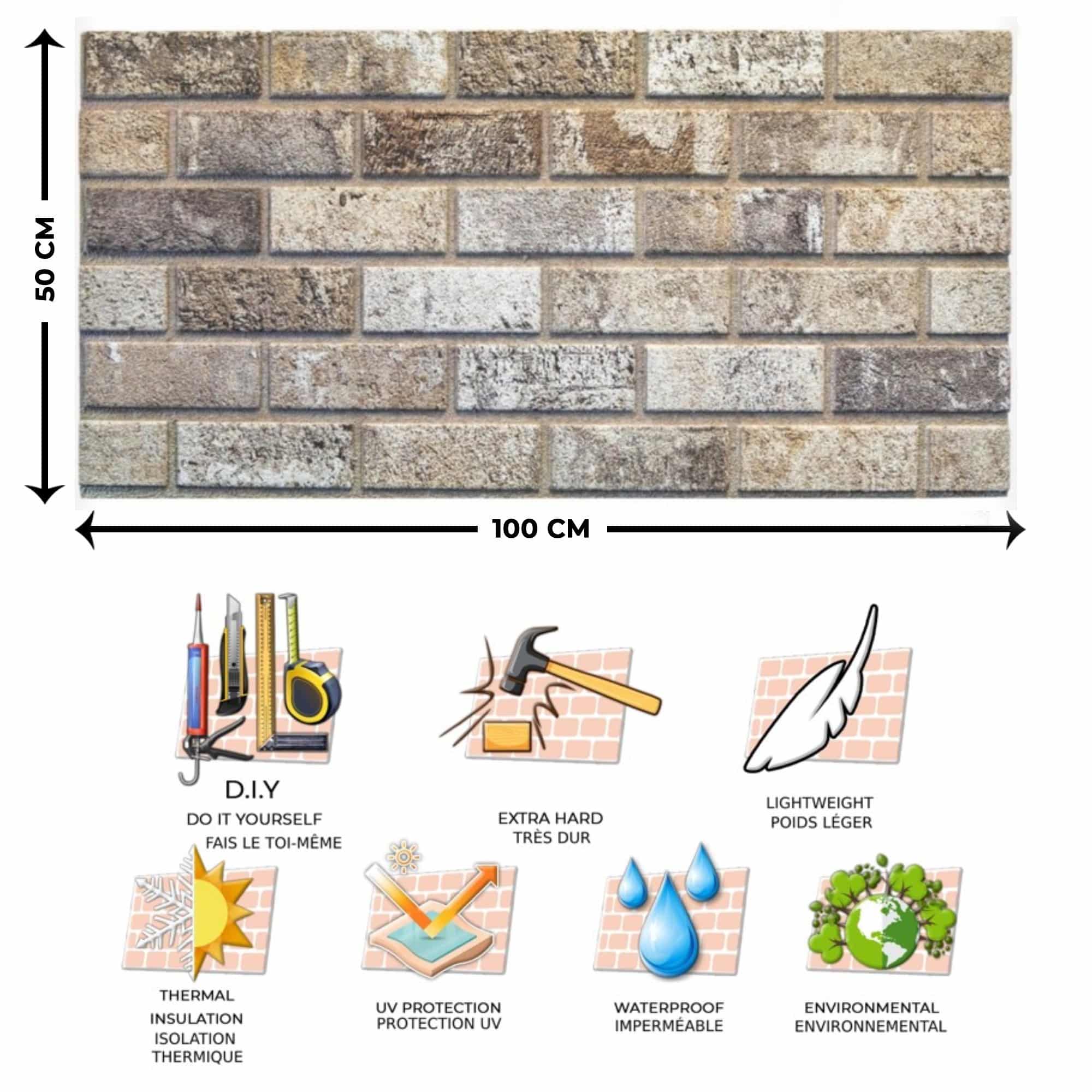 3D Wall Panels Brick Effect - Cladding, Red Brown Grey Stone Look Wall Paneling, Styrofoam Facing for Living room, Kitchen, Bathroom, Balcony, Bedroom, Set of 10, Covers 53 sq ft