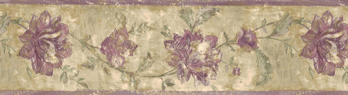 Prepasted Wallpaper Border - Floral Distressed Purple, Beige Flowers on Vine Wall Border Retro Design, 15 ft x 6.8 in (4.57m x 17.27cm)