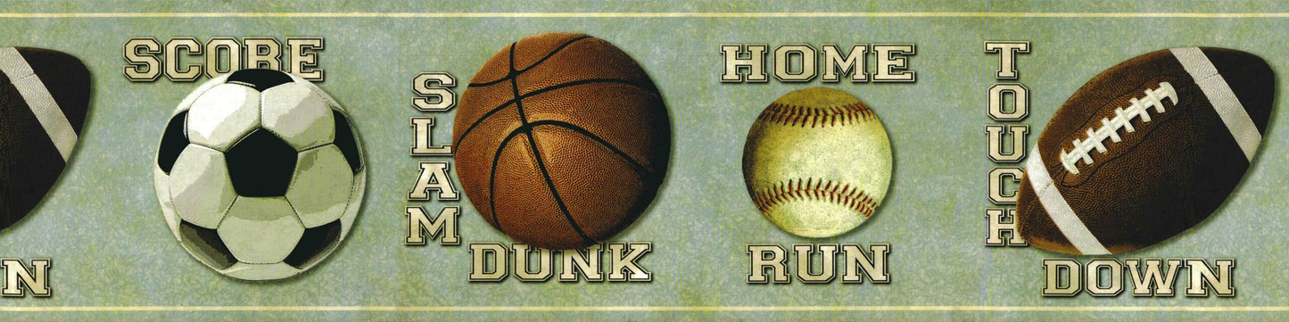 Prepasted Wallpaper Border - Sports Blue, Brown, Black All The Balls Wall Border Retro Design, 15 ft x 7.25 in (4.57m x 18.42cm)