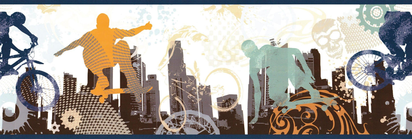 Prepasted Wallpaper Border - Sports Blue, Orange, Teal Bike, Skateboard Wall Border Retro Design, 15 ft x 8.25 in (4.57m x 20.96cm)