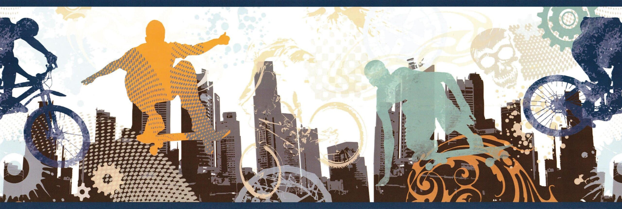Prepasted Wallpaper Border - Sports Blue, Orange, Teal Bike, Skateboard Wall Border Retro Design, 15 ft x 8.25 in (4.57m x 20.96cm)