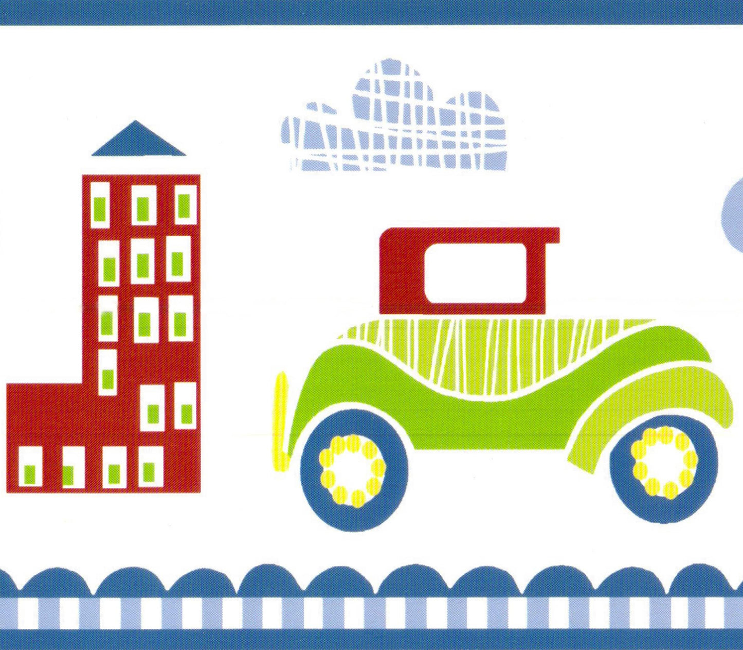 Prepasted Wallpaper Border - Kids Red, Green, Blue, Yellow Cartoon Retro Cars, City Wall Border Retro Design, 15 ft x 6 in (4.57m x 15.24cm)